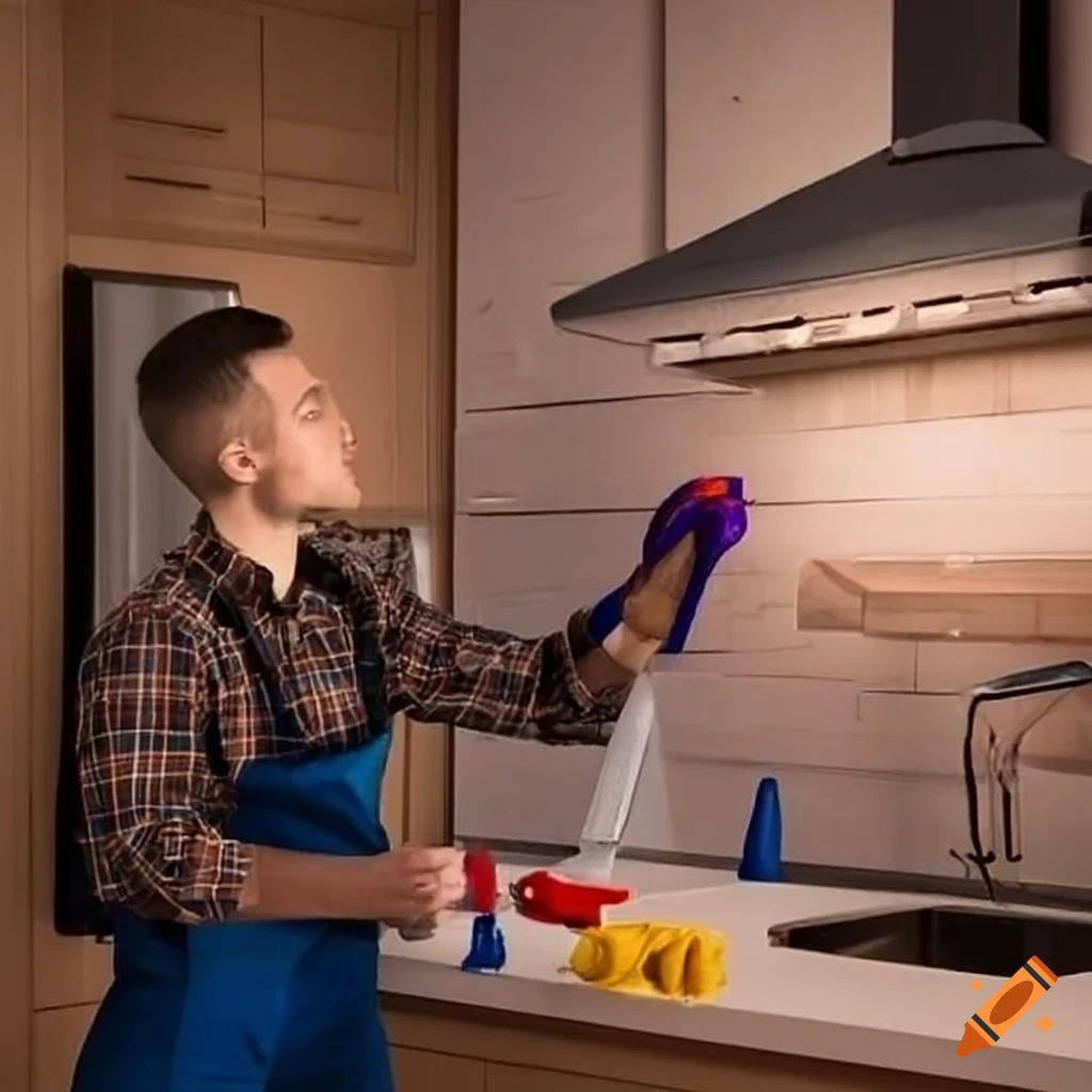 Technician repairing and cleaning a kitchen chimney