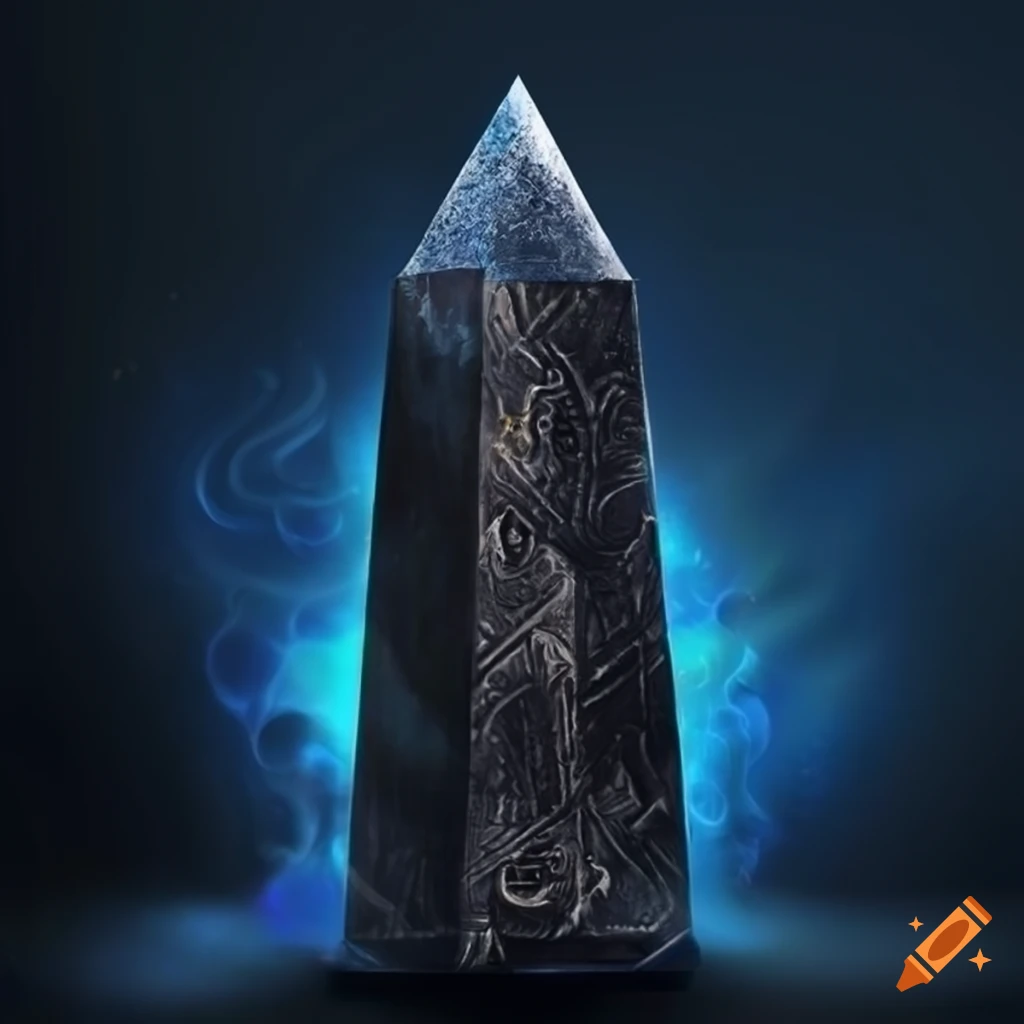 Black obelisk with glowing indigo runes in a fantasy setting