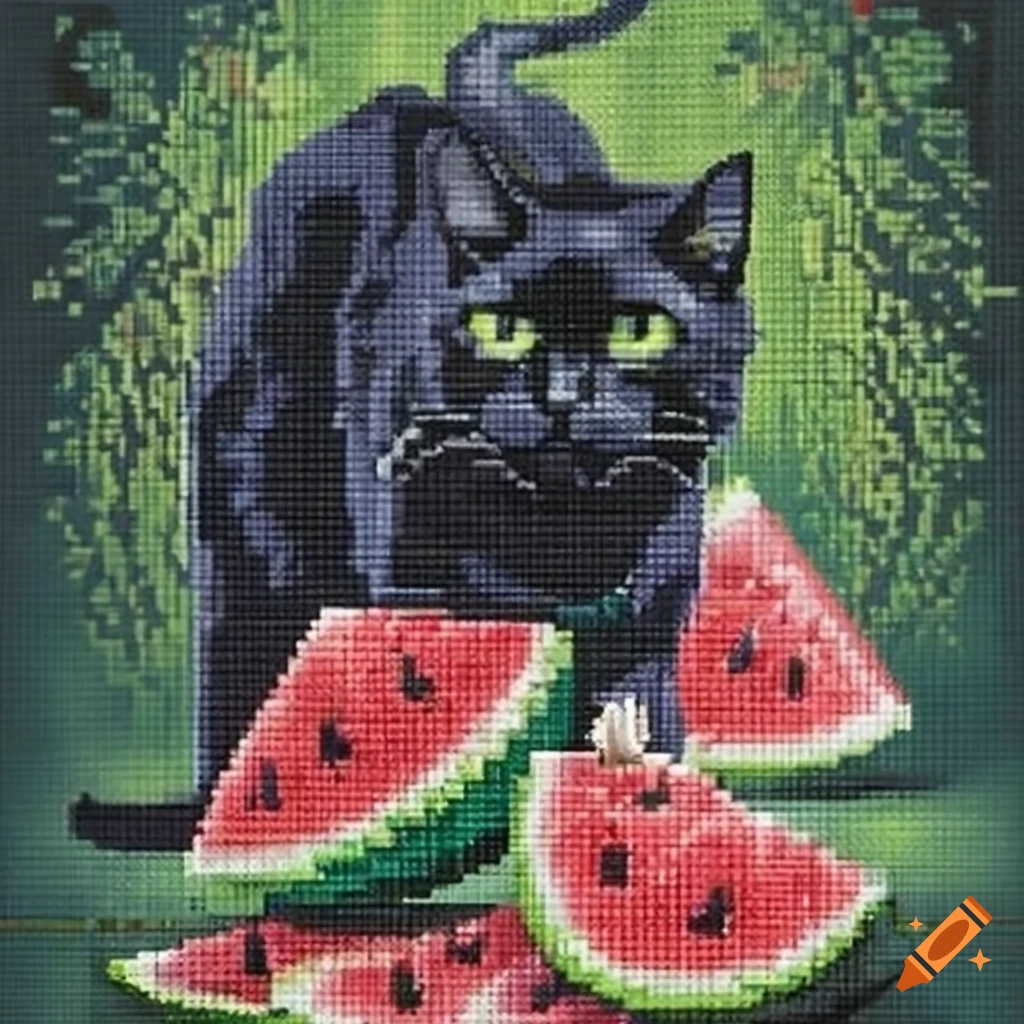 Cross-stitch black cat surrounded by watermelons