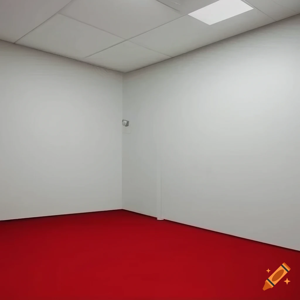 Bright liminal room with white wallpaper, red carpet, and cubicles