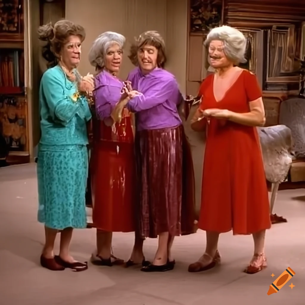 Senior ladies in Sunday clothes getting splashed by water in a sitcom scene