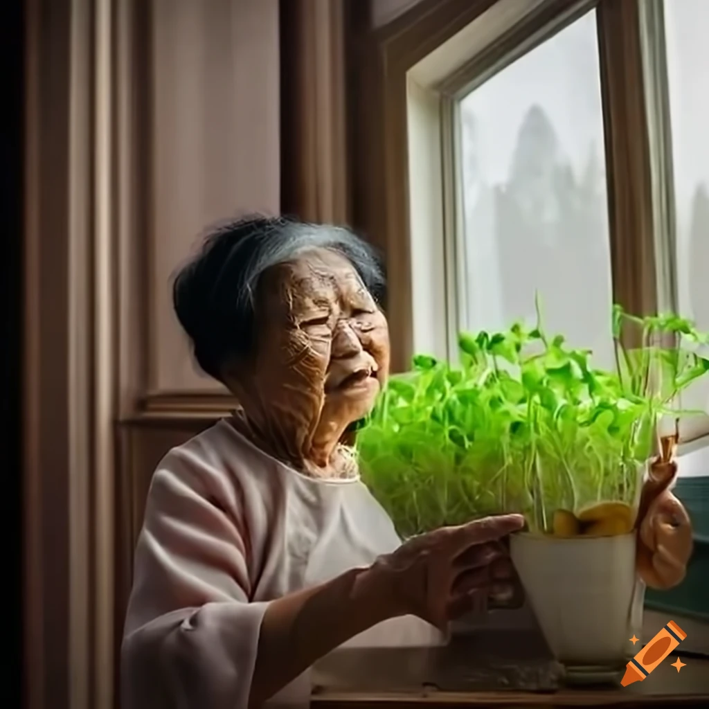 Asian old lady watering microgreens by the window at home