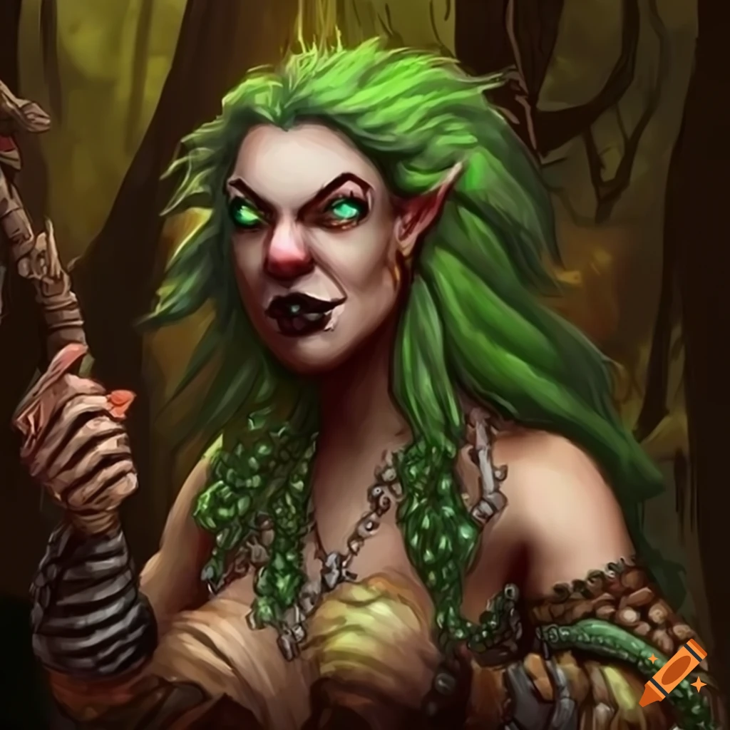 Female dwarf druid bog witch with dark features in a dwarven setting