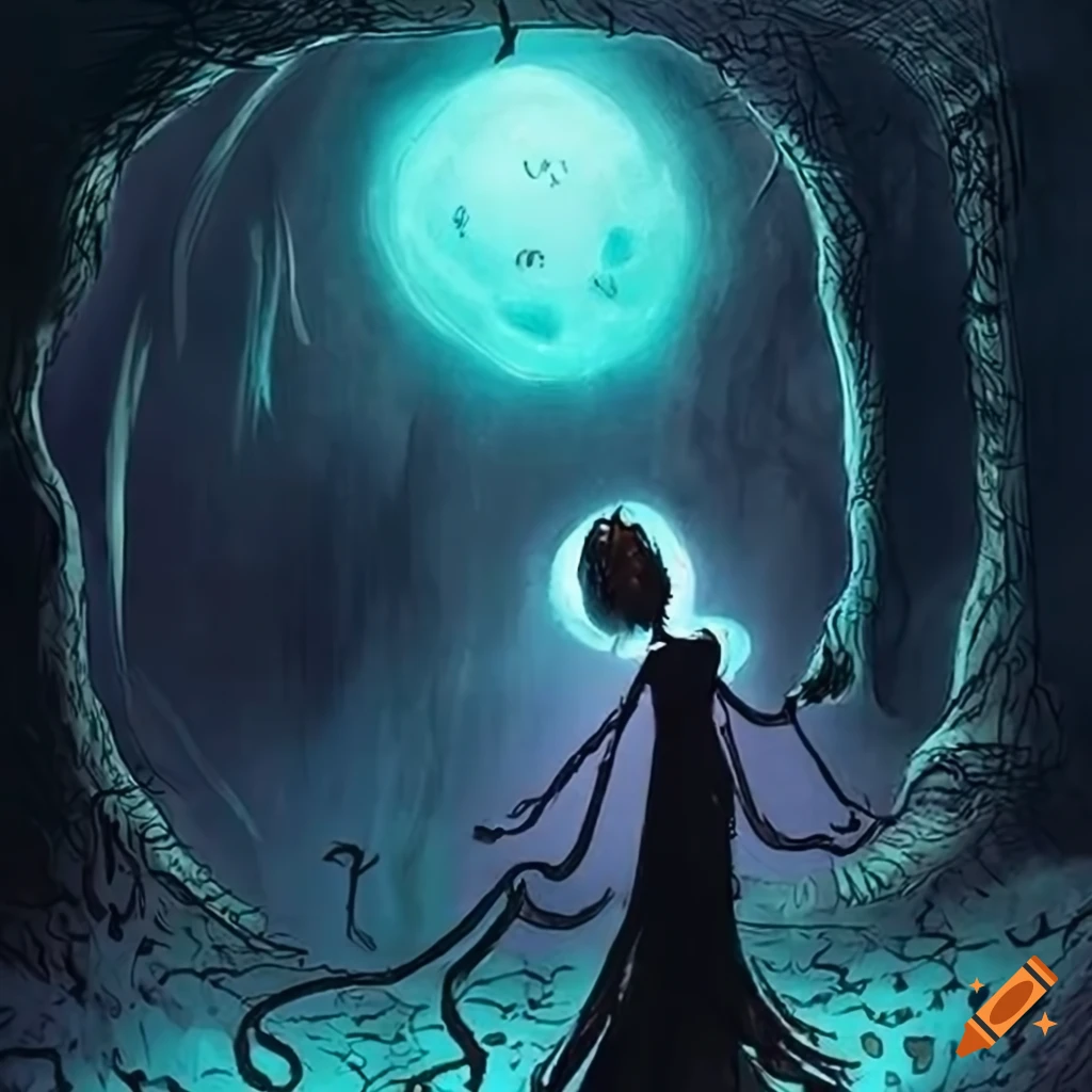 Tim Burton-style drawing of a child with half in the world of the living and half in the realm of ghosts