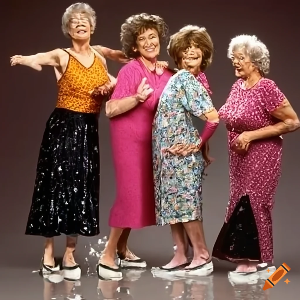 Senior ladies in Sunday clothes splashed with water in a 1987 sitcom scene