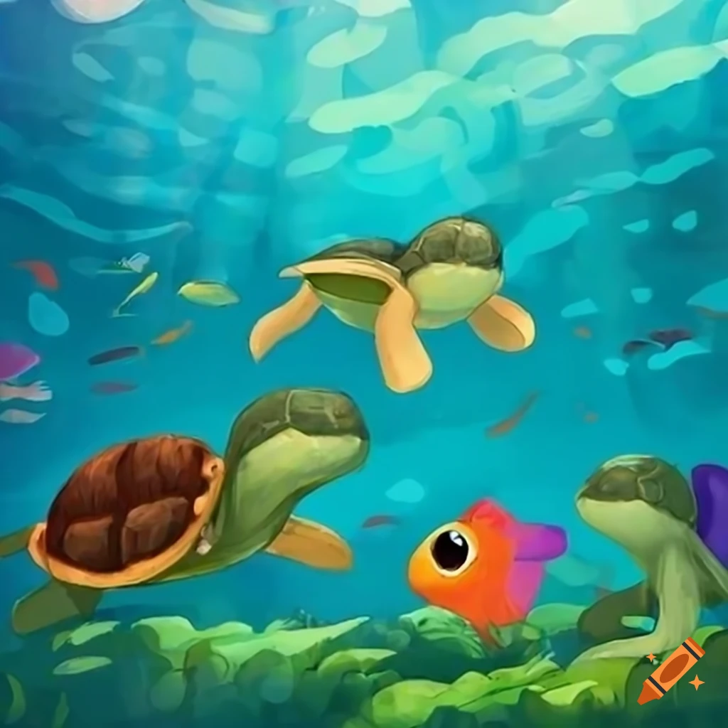 Whimsical scene with three turtles and colorful fish by a lakeside