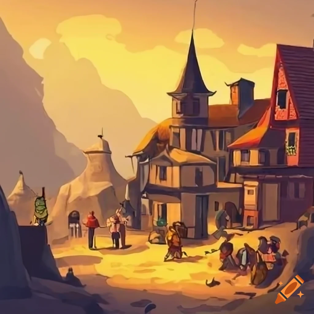 Illustration of villagers helping a traveler with a heavy sack in a friendly village scene