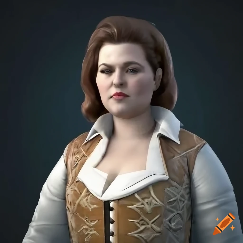 Serious plus size model in 17th-century buff coat and black breeches
