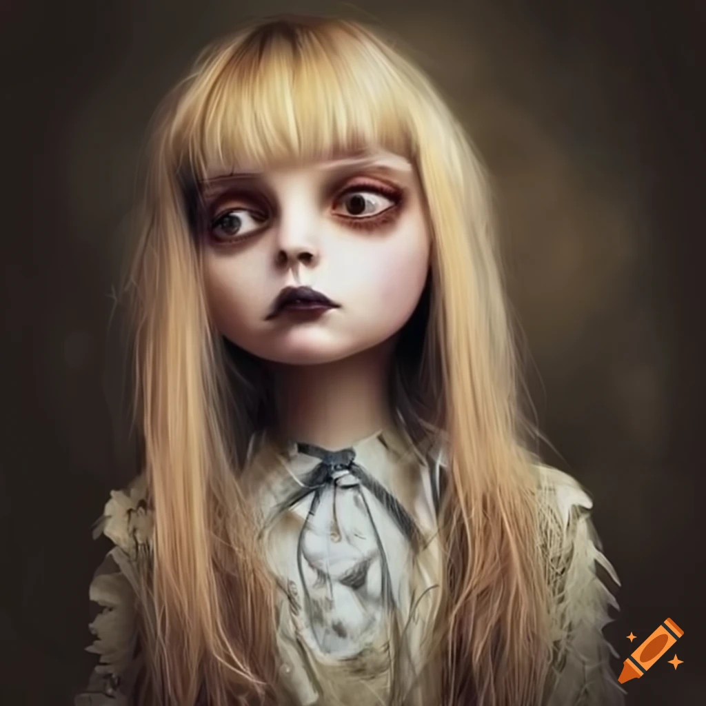 Enchanting blonde girl with bangs and brown eyes in whimsical outfit, inspired by Tim Burton's style