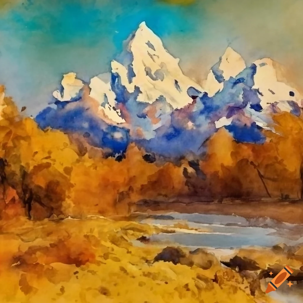 Watercolor painting of the Grand Tetons in a valley