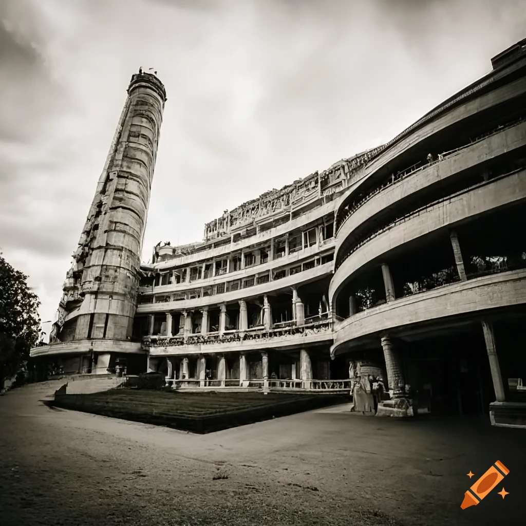 Surreal building captured in sepia tones through analog photography