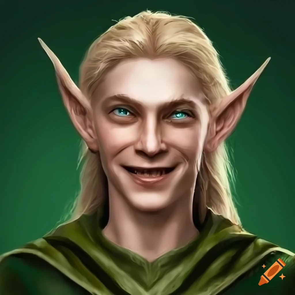 Grinning male elf with ivory skin and long blond hair in a dark green tunic
