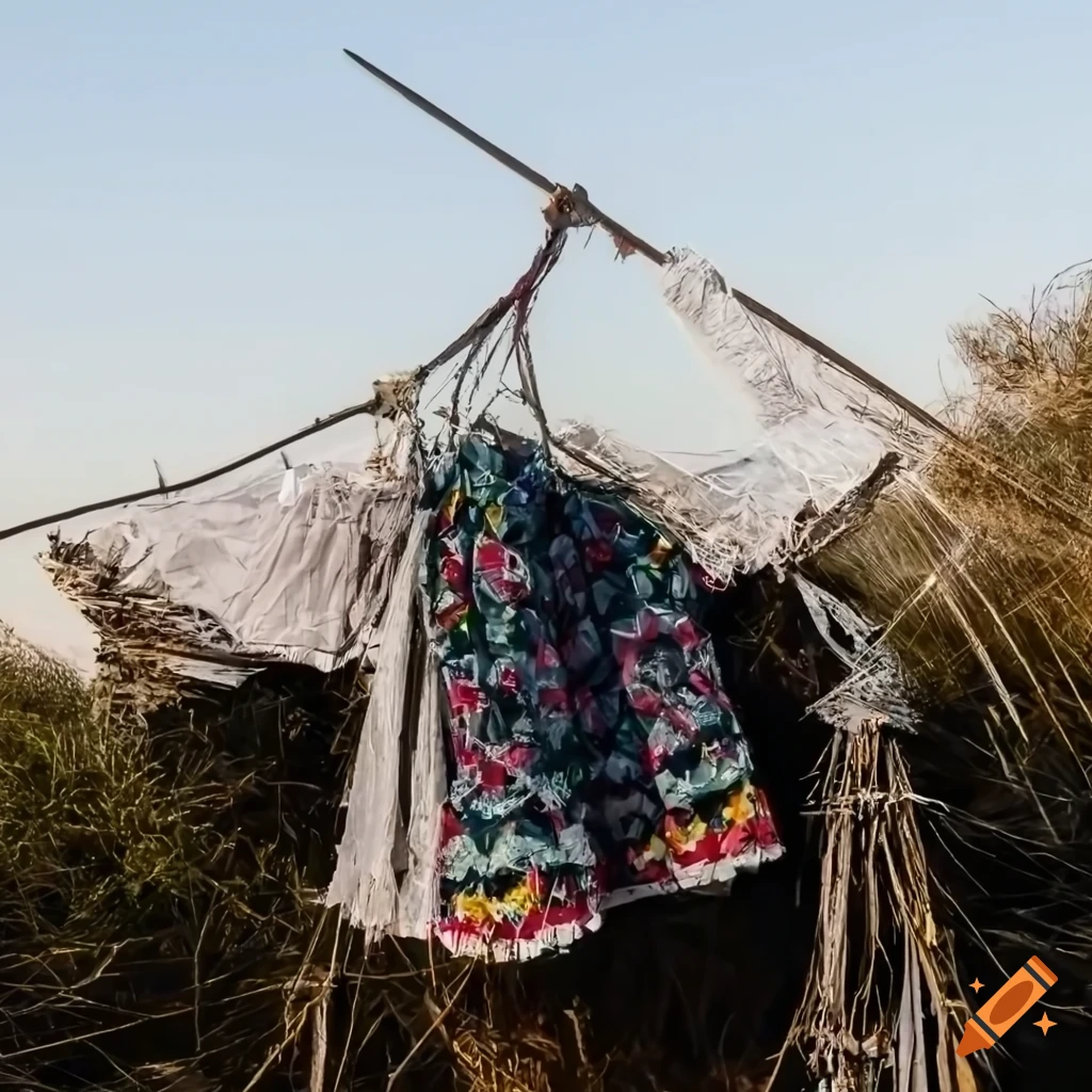 Detail of traditional Hungarian clothes caught in a web of junk in a destroyed landscape