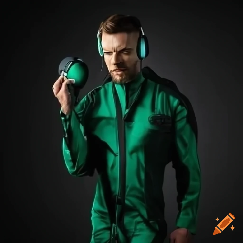 Muscular athlete in green and black jumpsuit with high tech headset