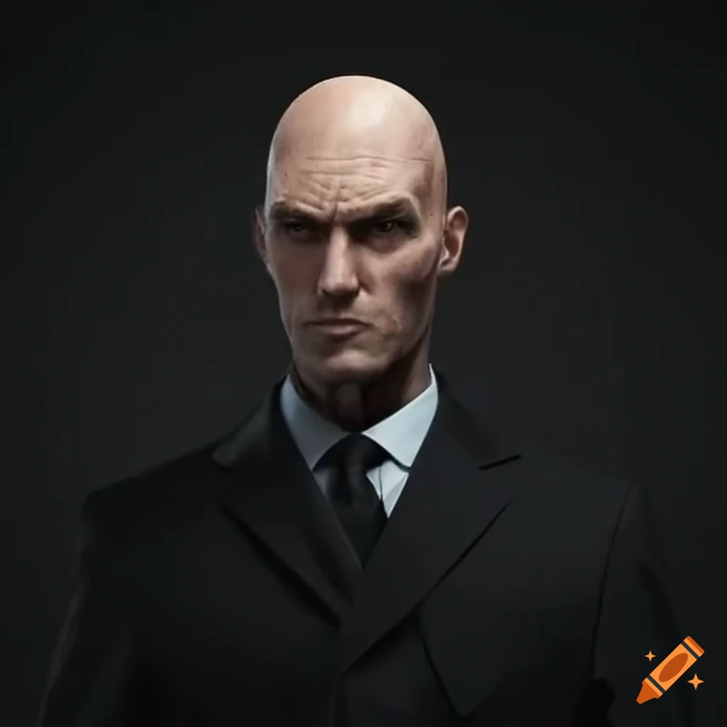 Confident bald man in a black suit with a military aura