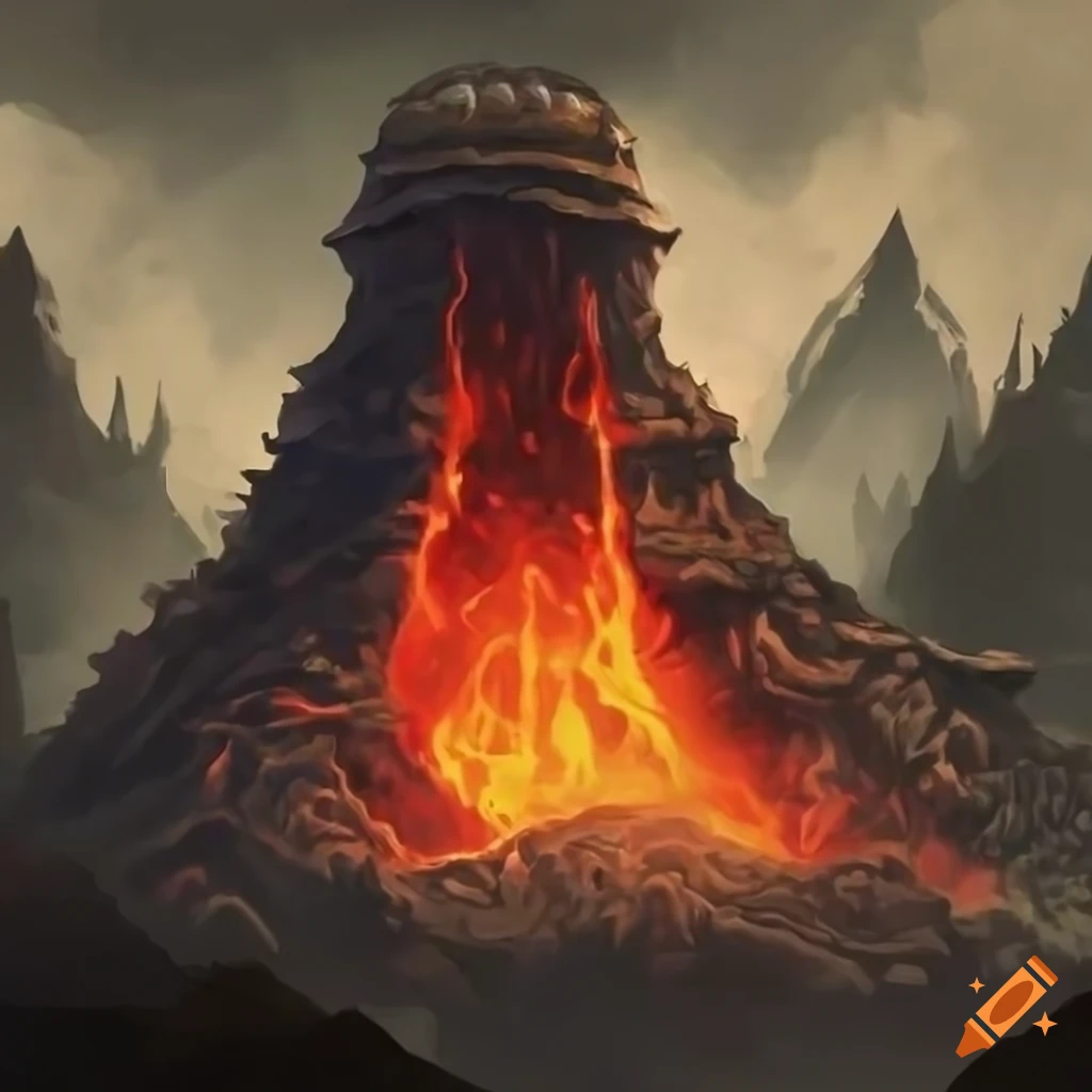 Intricately designed dwarven dwellings at the base of a smoky volcano in a fantasy setting