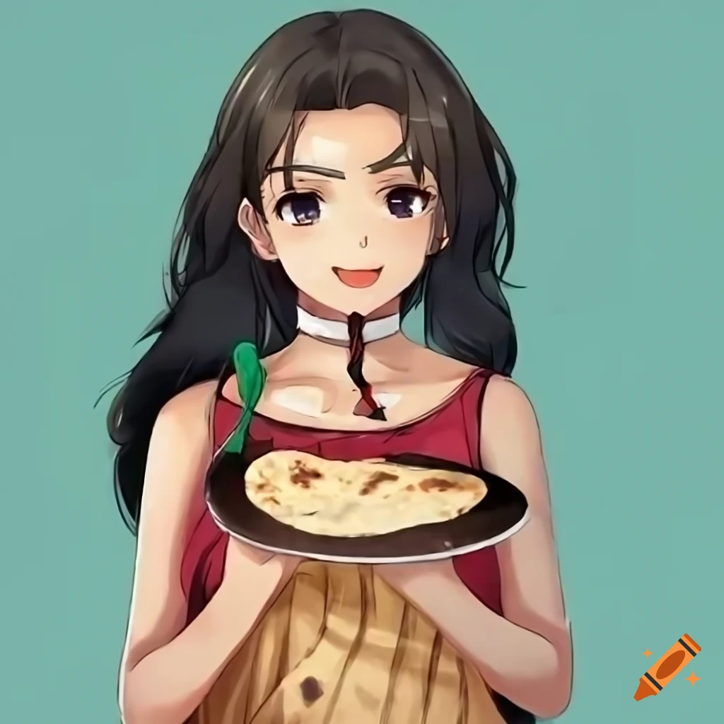 Anime of a girl enjoying Indian roti