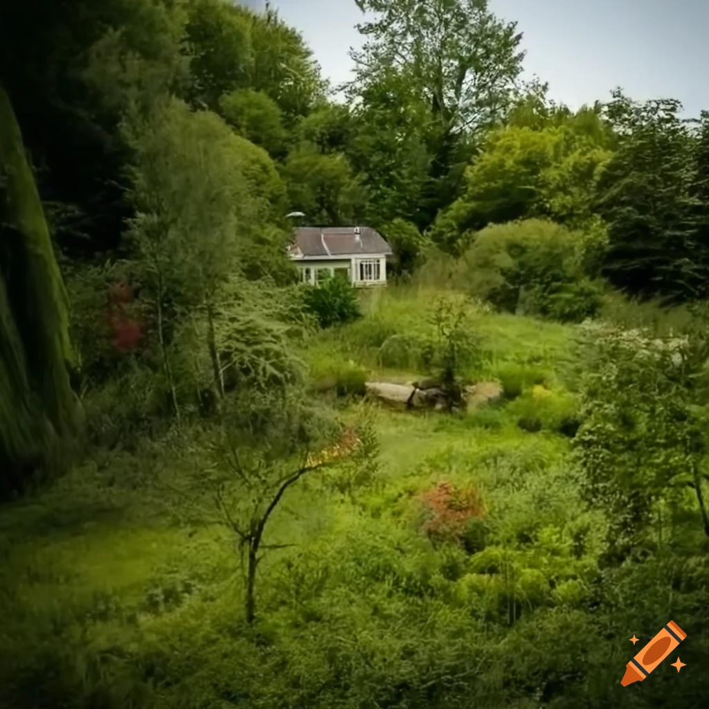 Realistic image of an overgrown garden with tall weeds and an unkempt lawn, with a house in the background