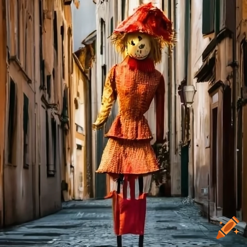 Scarecrow dressed in a stylish outfit walking in an Italian city