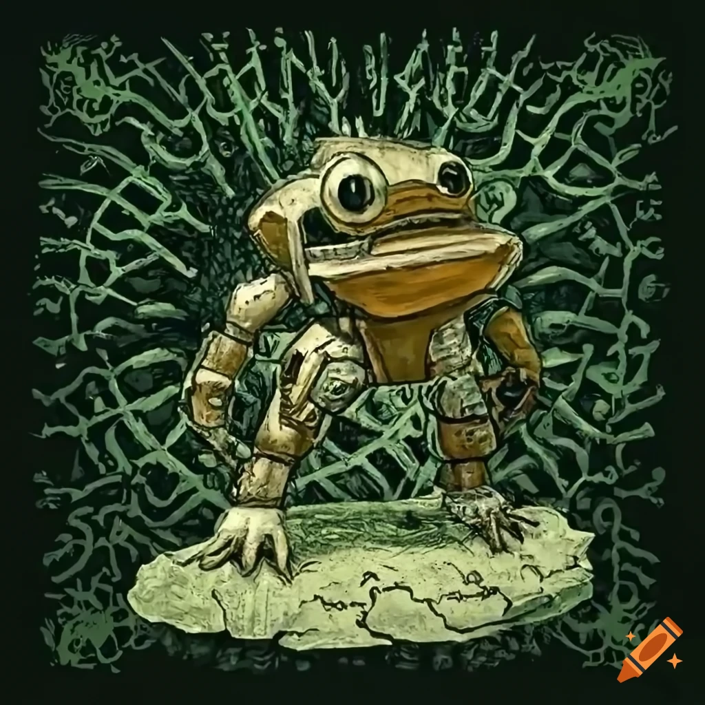 Ancient apocalyptic frog robot made of stone walking in a field