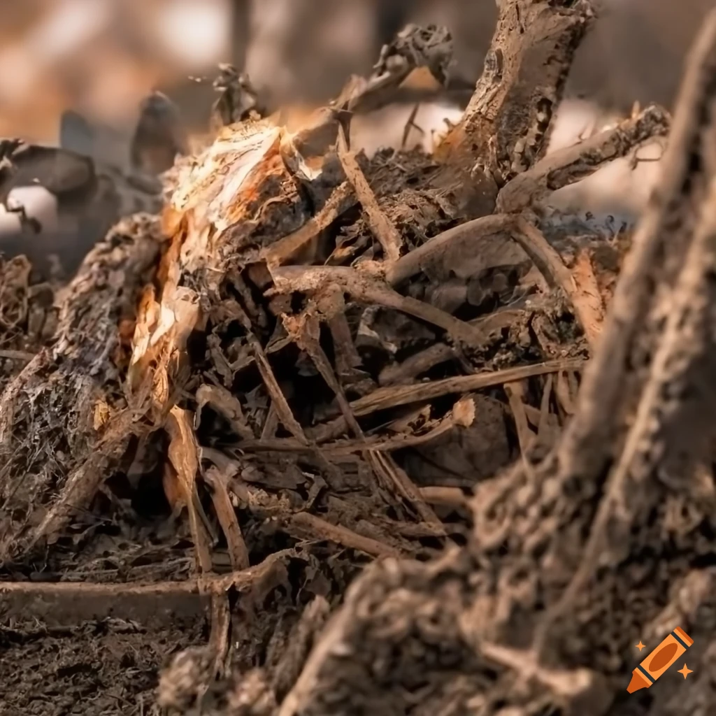 Detail of traditional Hungarian clothes entangled in a chaotic knot web of junk and debris in a destroyed landscape