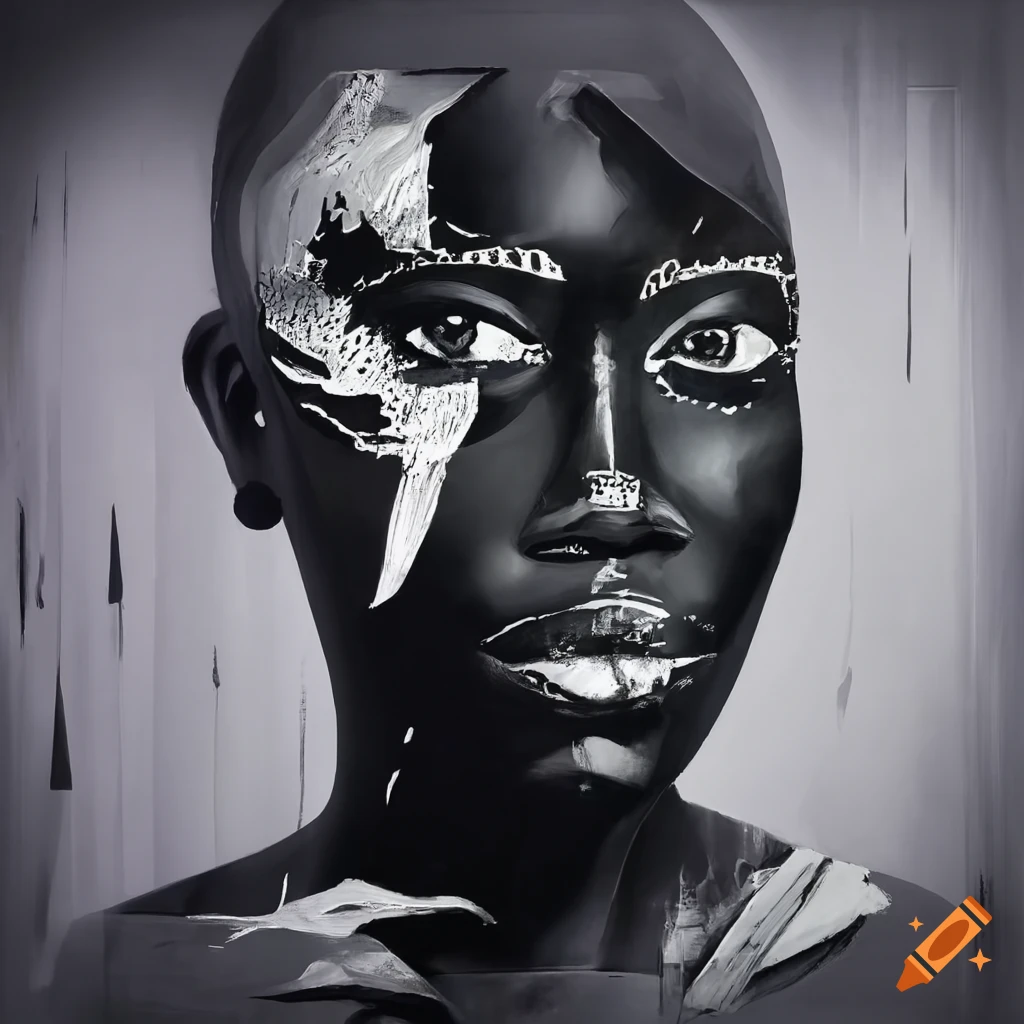Abstract knife painting of geometric African face with tears, fire, and water elements in black and white