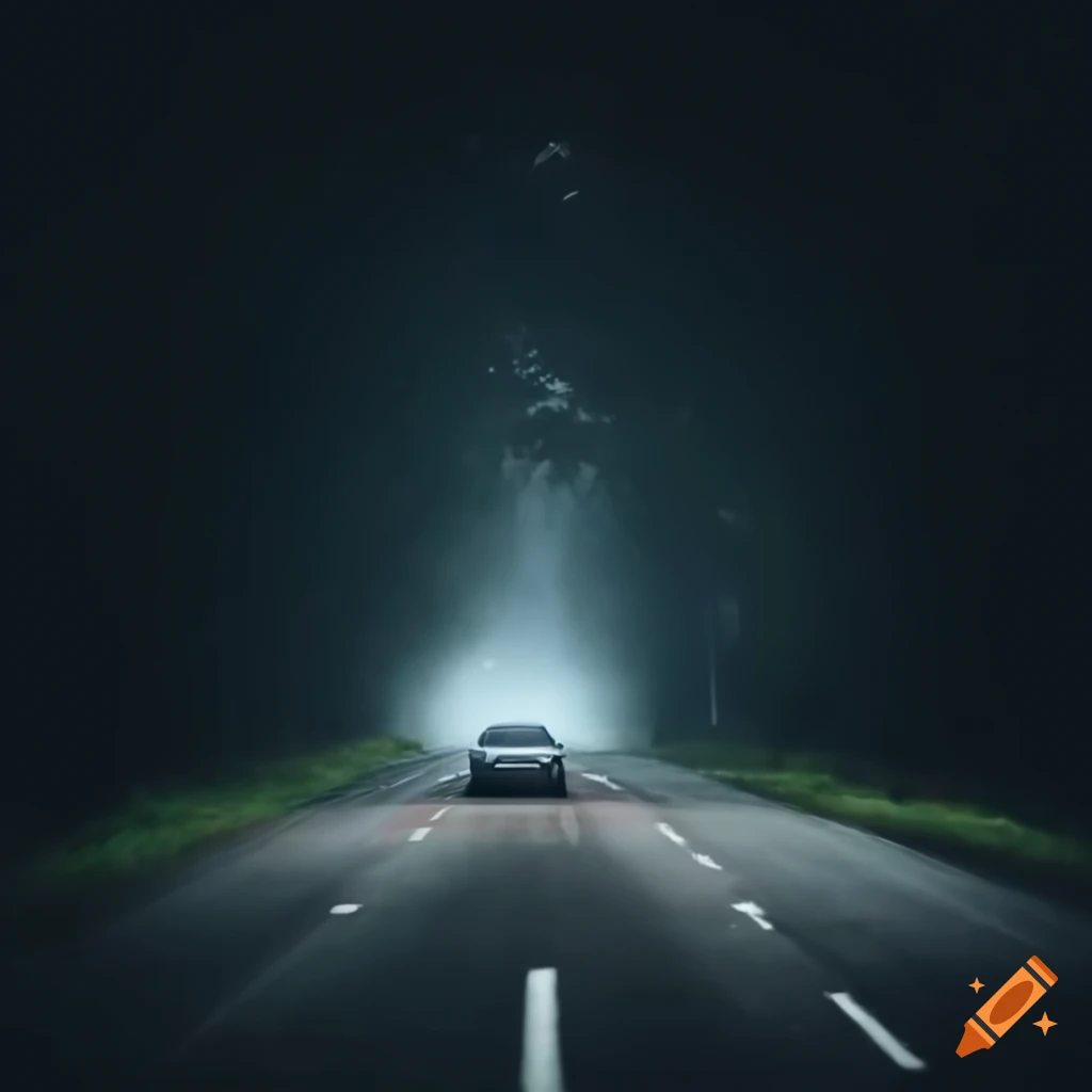 Car driving on dark countryside road at midnight with headlights on