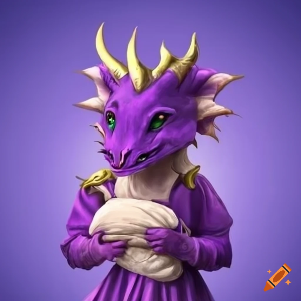 Mother dragon in purple dress holding her dragon children