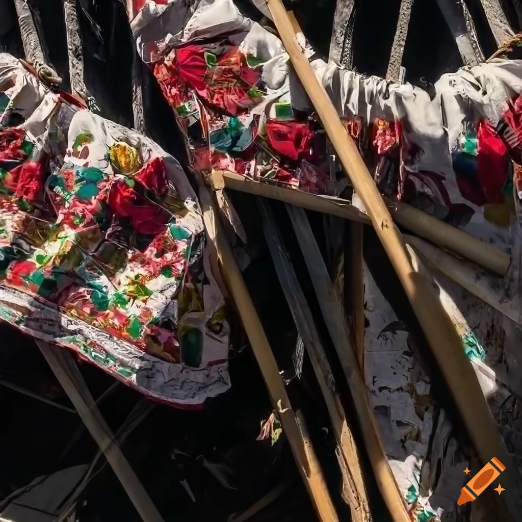 Traditional Hungarian clothes in chaotic junk web in a destroyed landscape