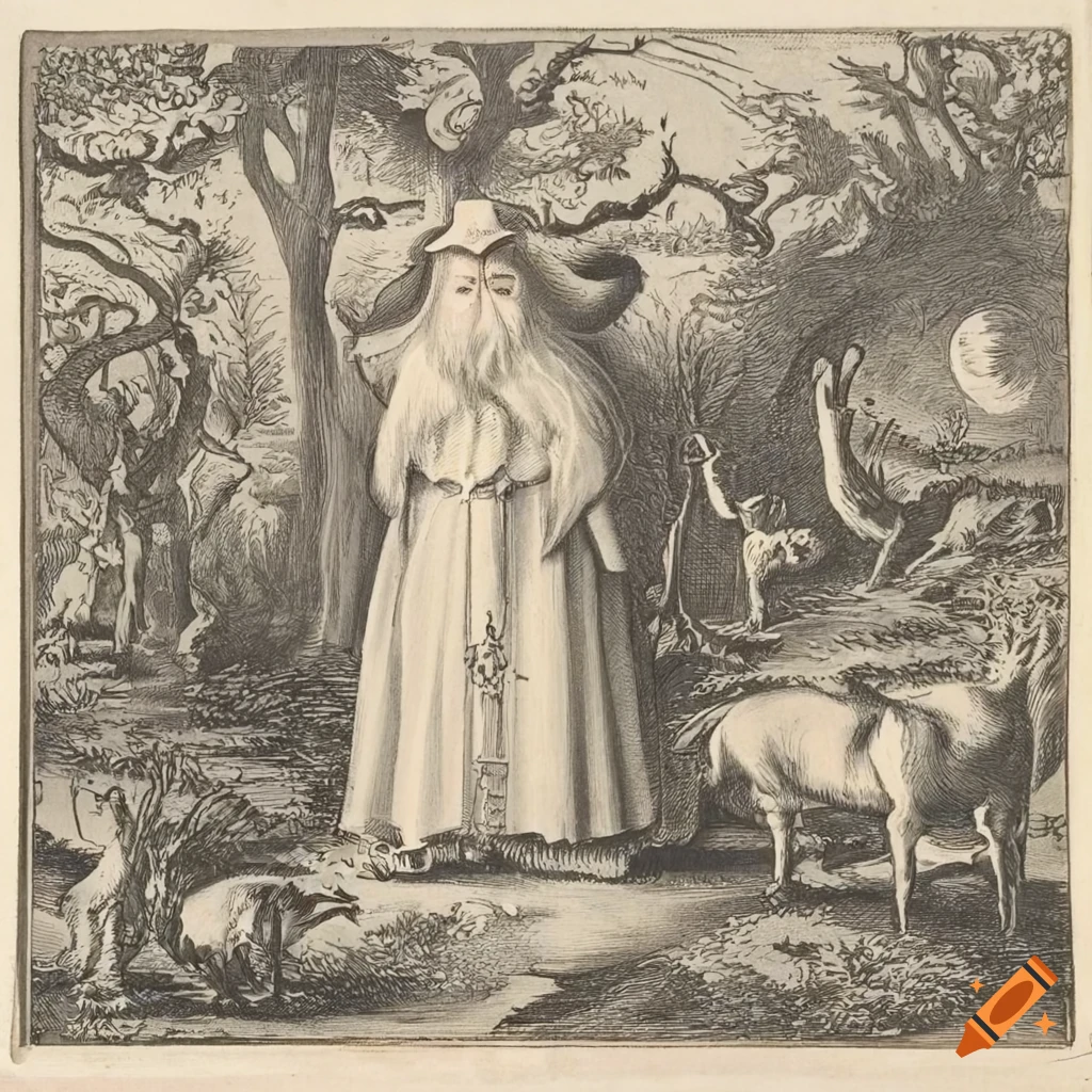 Wise wizard in mystical forest surrounded by animals, wearing blue robes and holding a staff