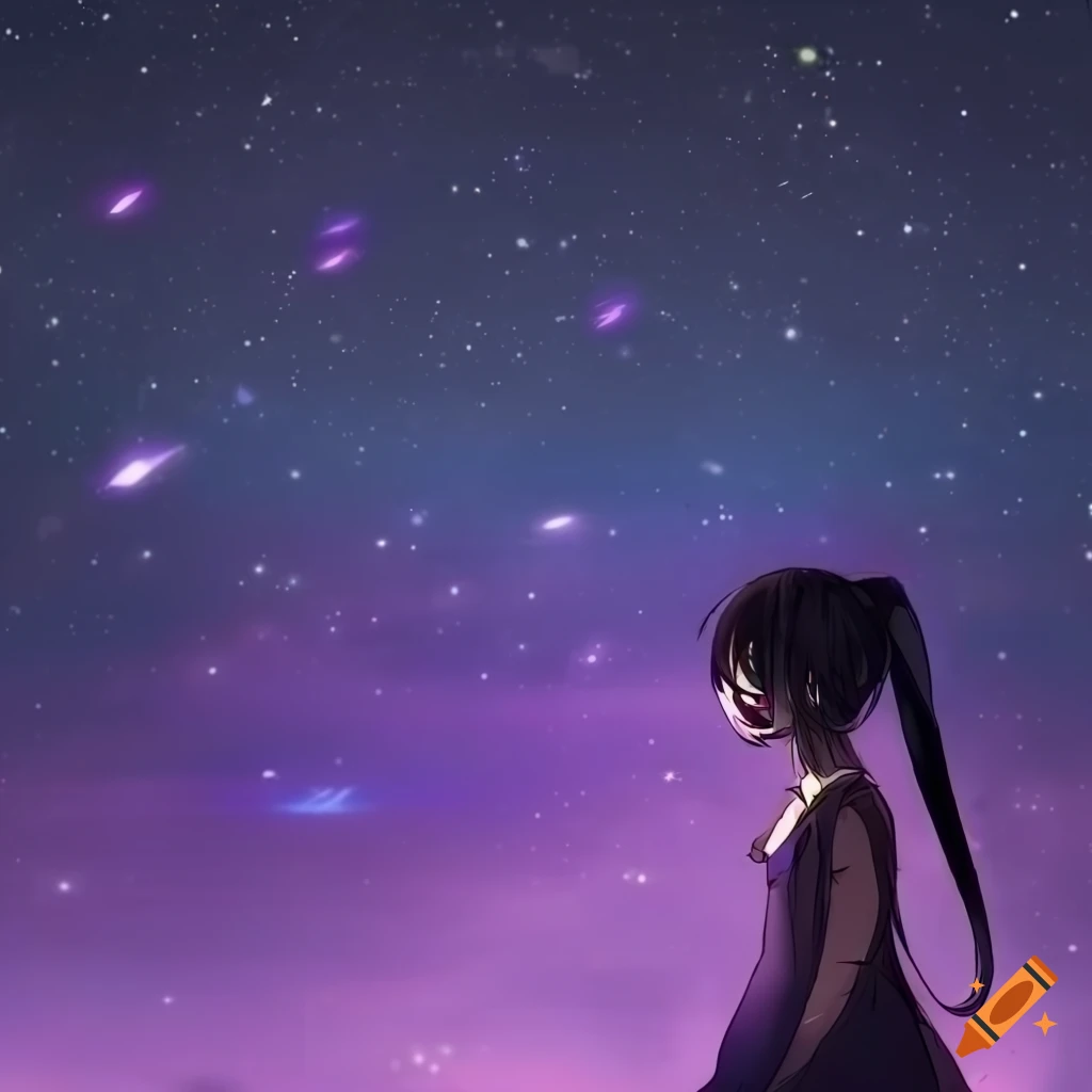 Anime girl stargazing in a colorful night sky with a hopeful expression