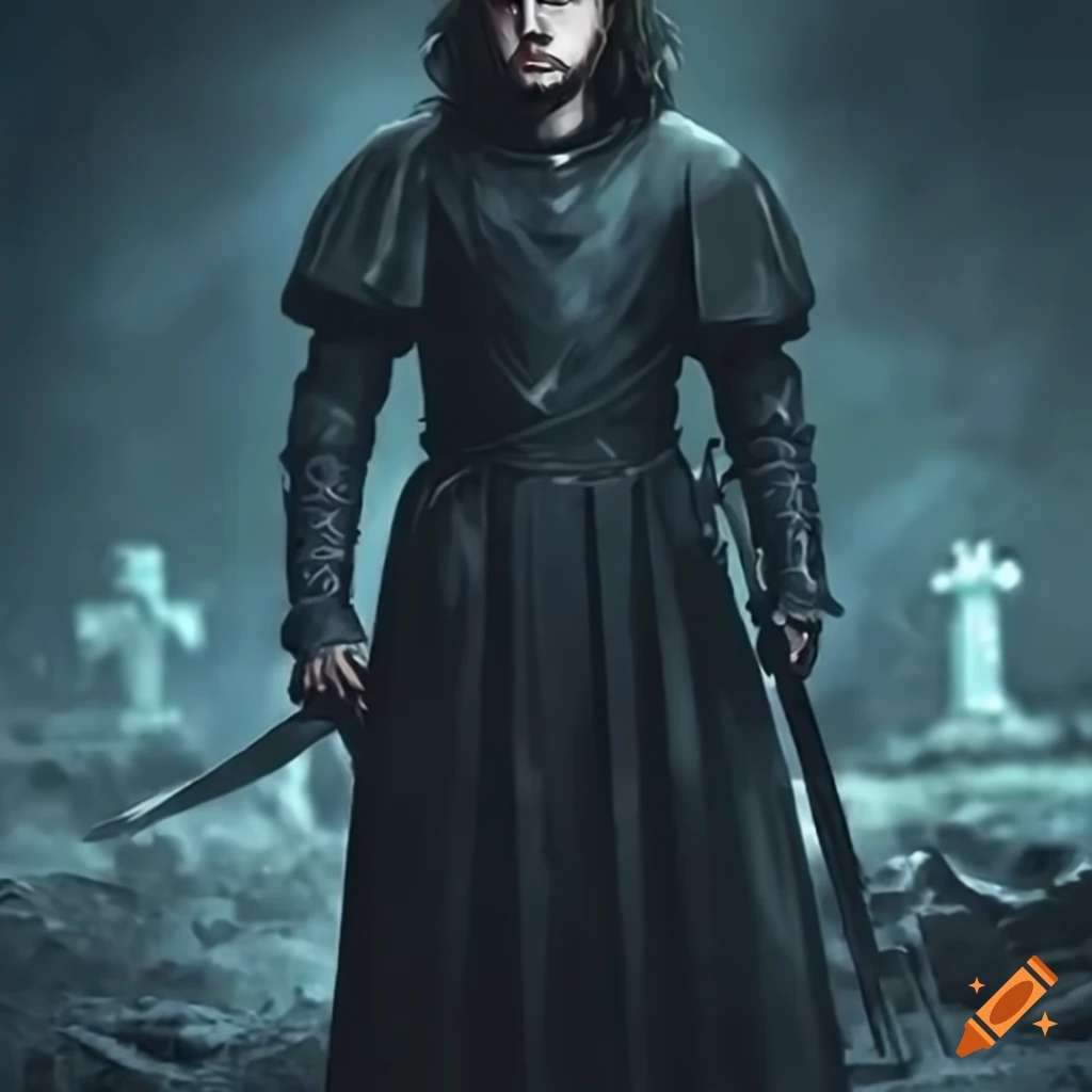 Person standing in front of a grave with Jon Snow character holding a sword