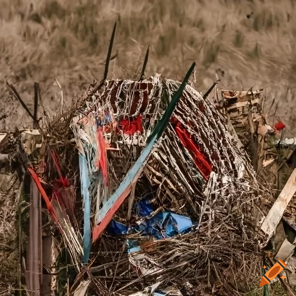 Detail of traditional Hungarian clothes caught in a junk web in a destroyed landscape
