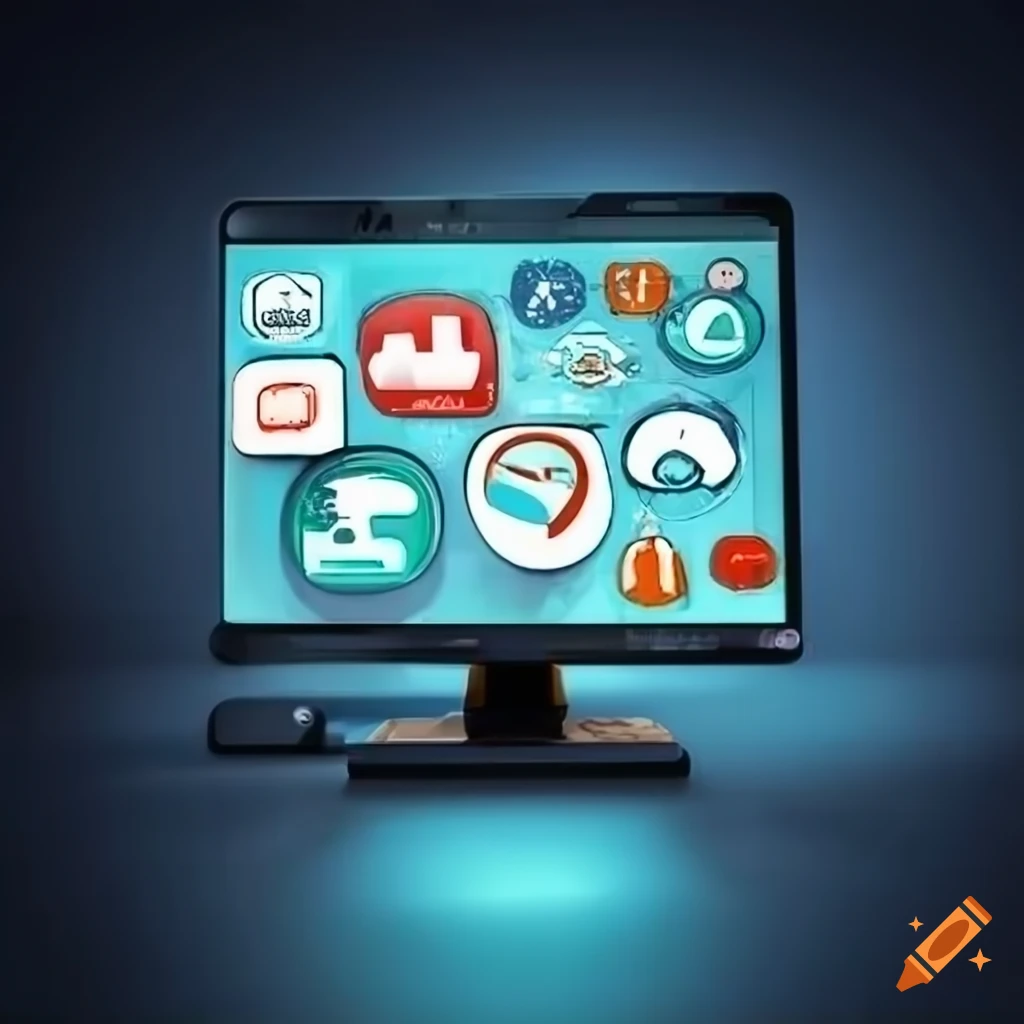 Web developer displaying social media icons on a computer screen