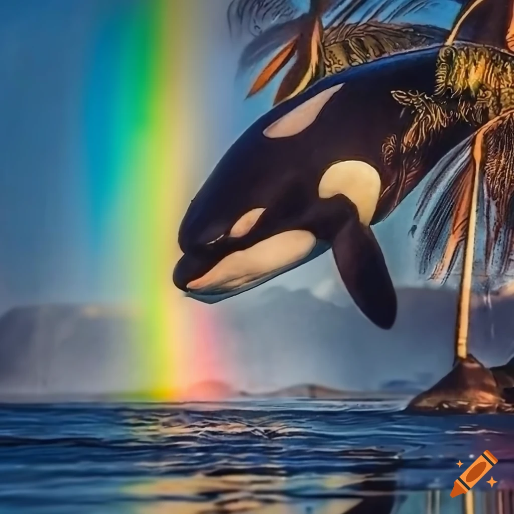 Orca enjoying a cappuccino on a rainbow by a palm tree