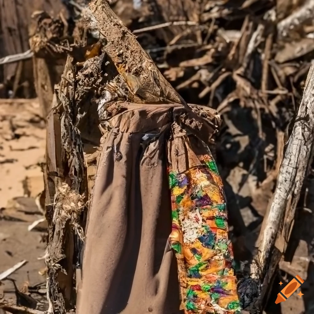 Detail of traditional Hungarian clothes in a chaotic web in a destroyed landscape