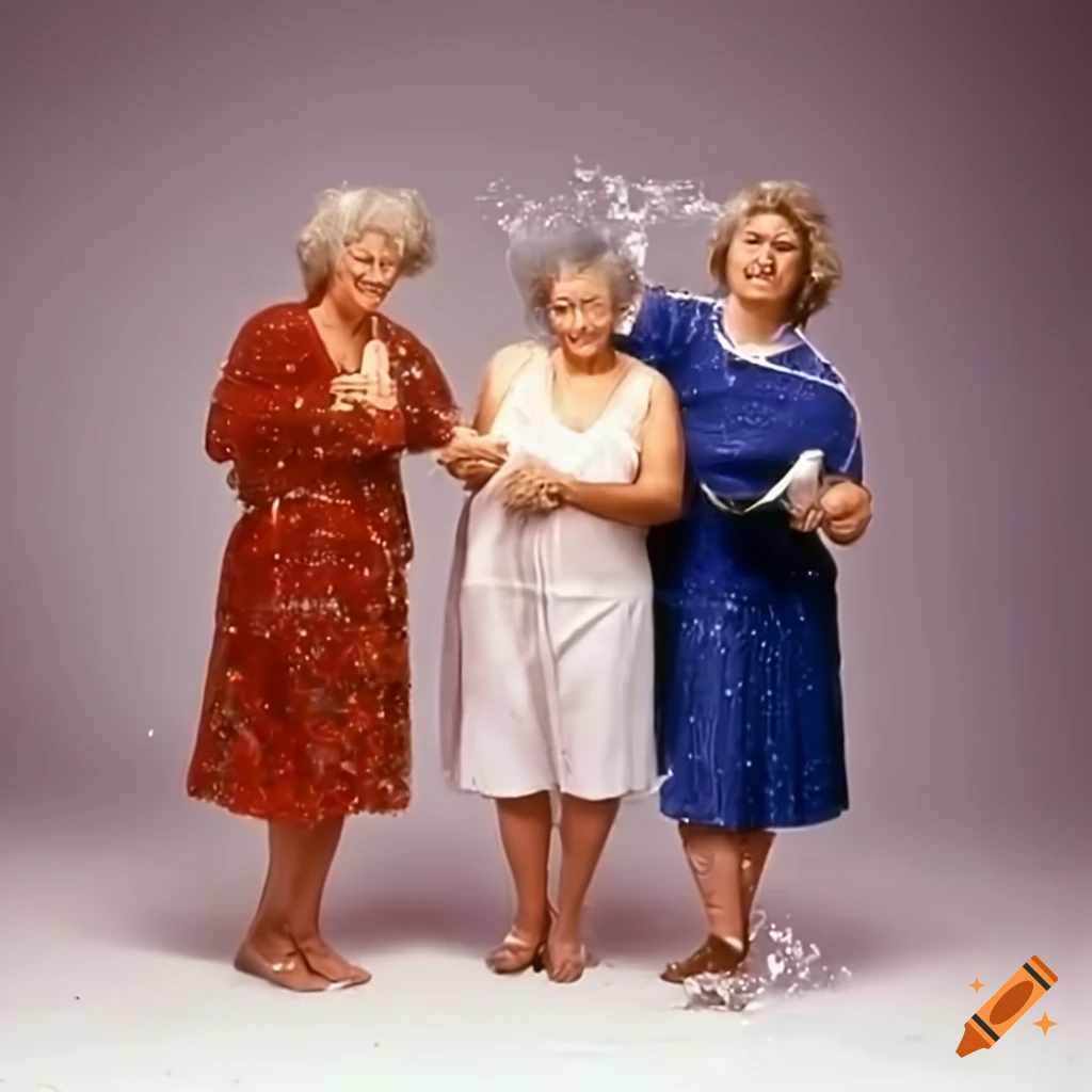 Senior ladies in Sunday clothes getting splashed with water in a television sitcom scene