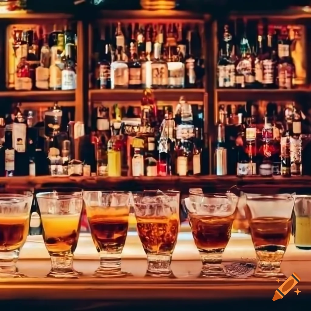 Elaborate bar scene with neon lights and glasses of beverages on a long table