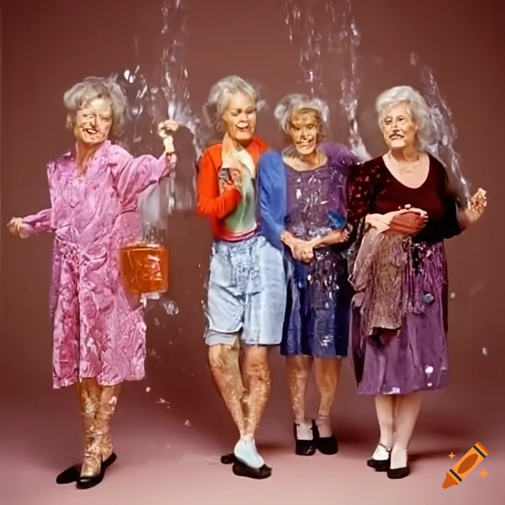 Senior ladies in Sunday clothes splashed with water in a television sitcom scene