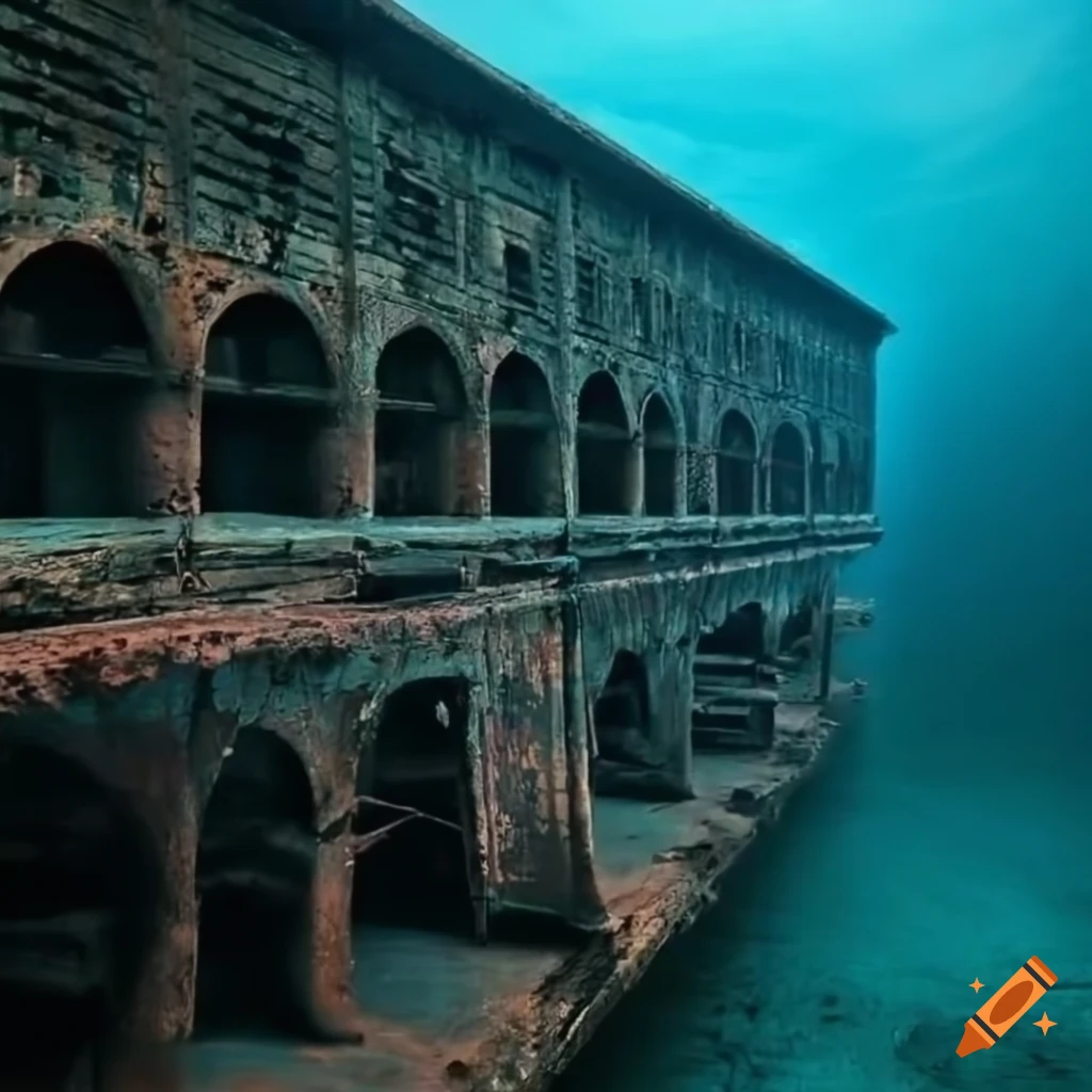 Abandoned coastal environment with rusted beams and concrete structure