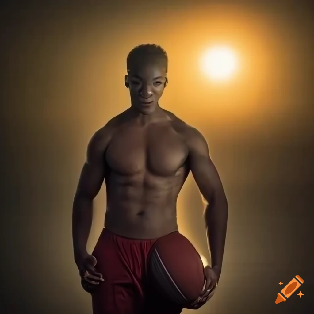 Confident athlete posing with rugby ball during golden hour