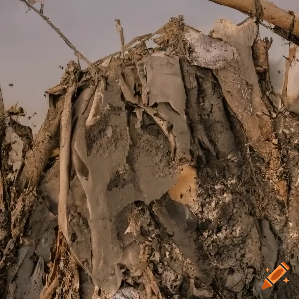 Detail of traditional Hungarian clothes caught in chaotic web in destroyed landscape with soft tones