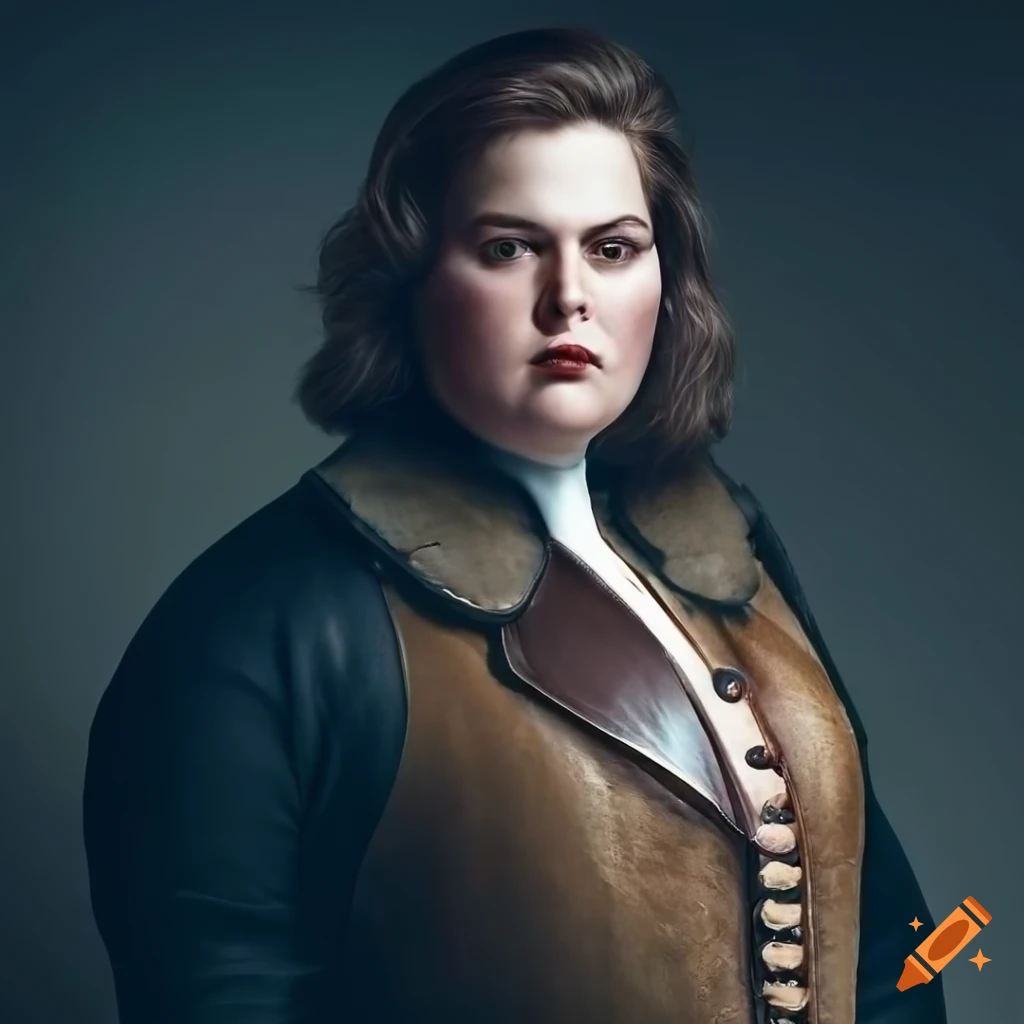 Serious plus size model in 17th-century buff coat and riding boots