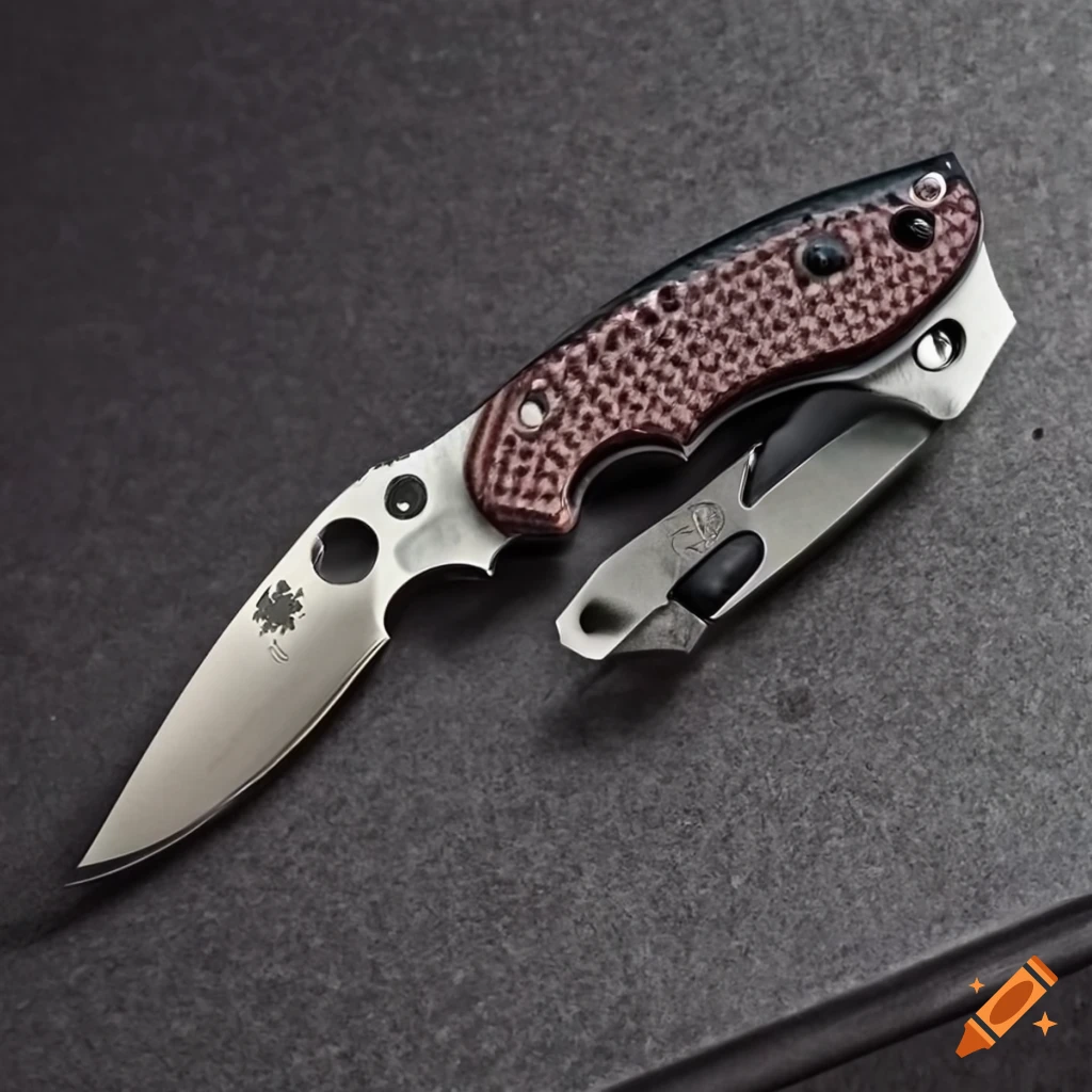 Spyderco jackknife on dark steel table in futuristic Japan style