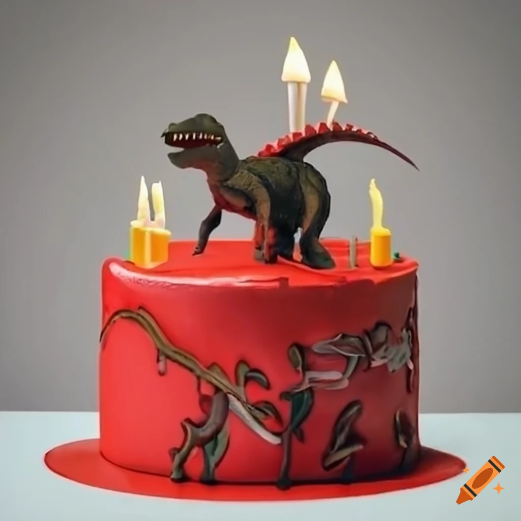 Red birthday cake with dinosaurs, dogs, basketballs, and trains