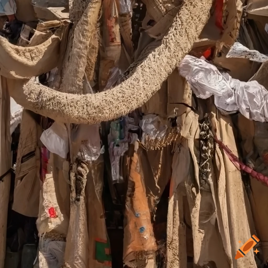 Traditional Hungarian clothes tangled in chaotic knot web of junk and spears in a destroyed landscape