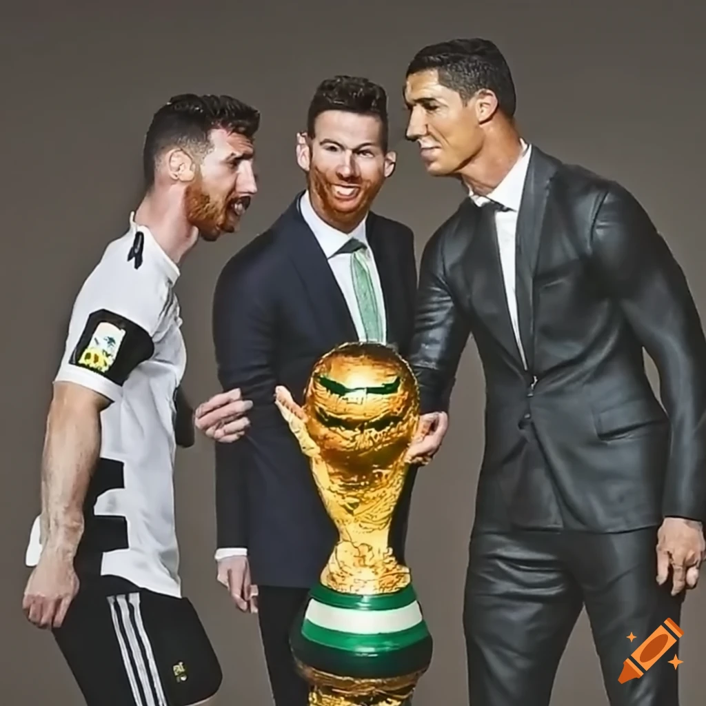 Ronaldo and Messi competing next to the World Cup trophy