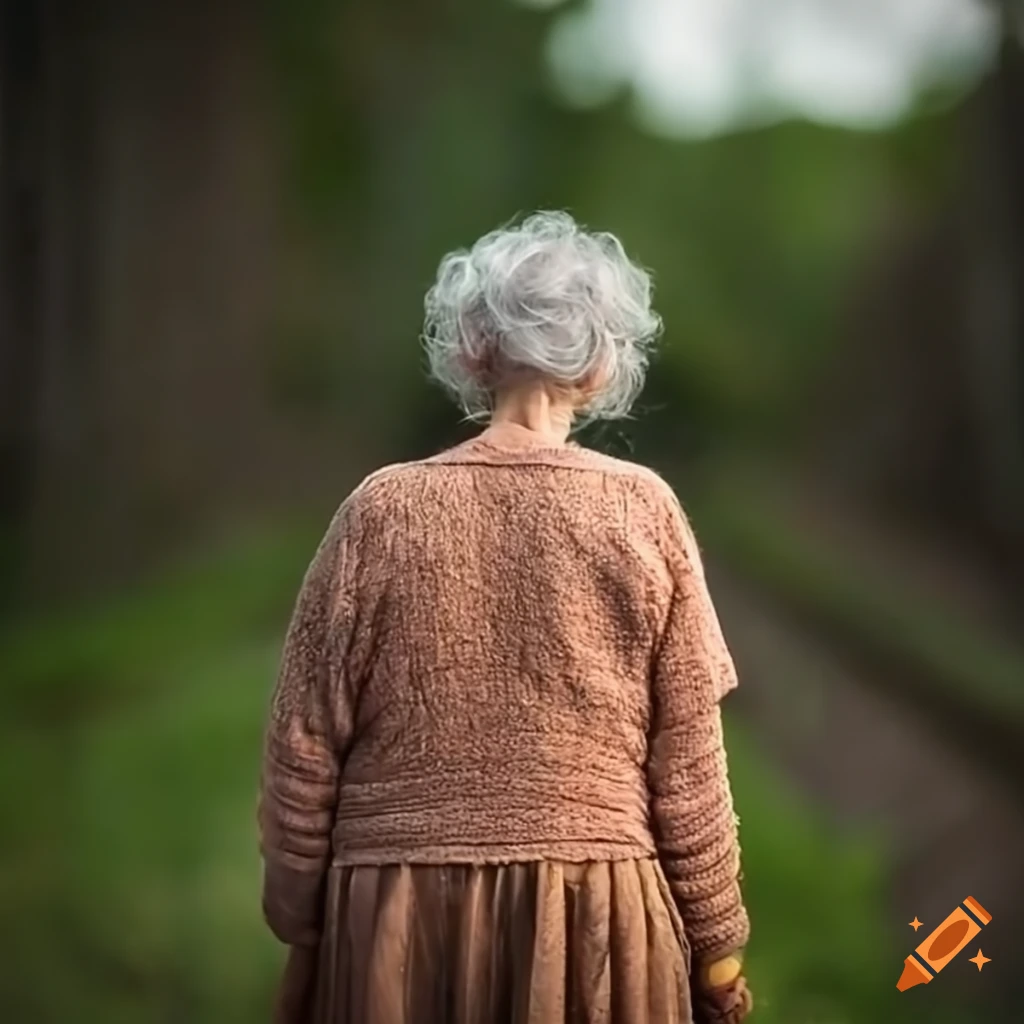 Old farm woman from behind