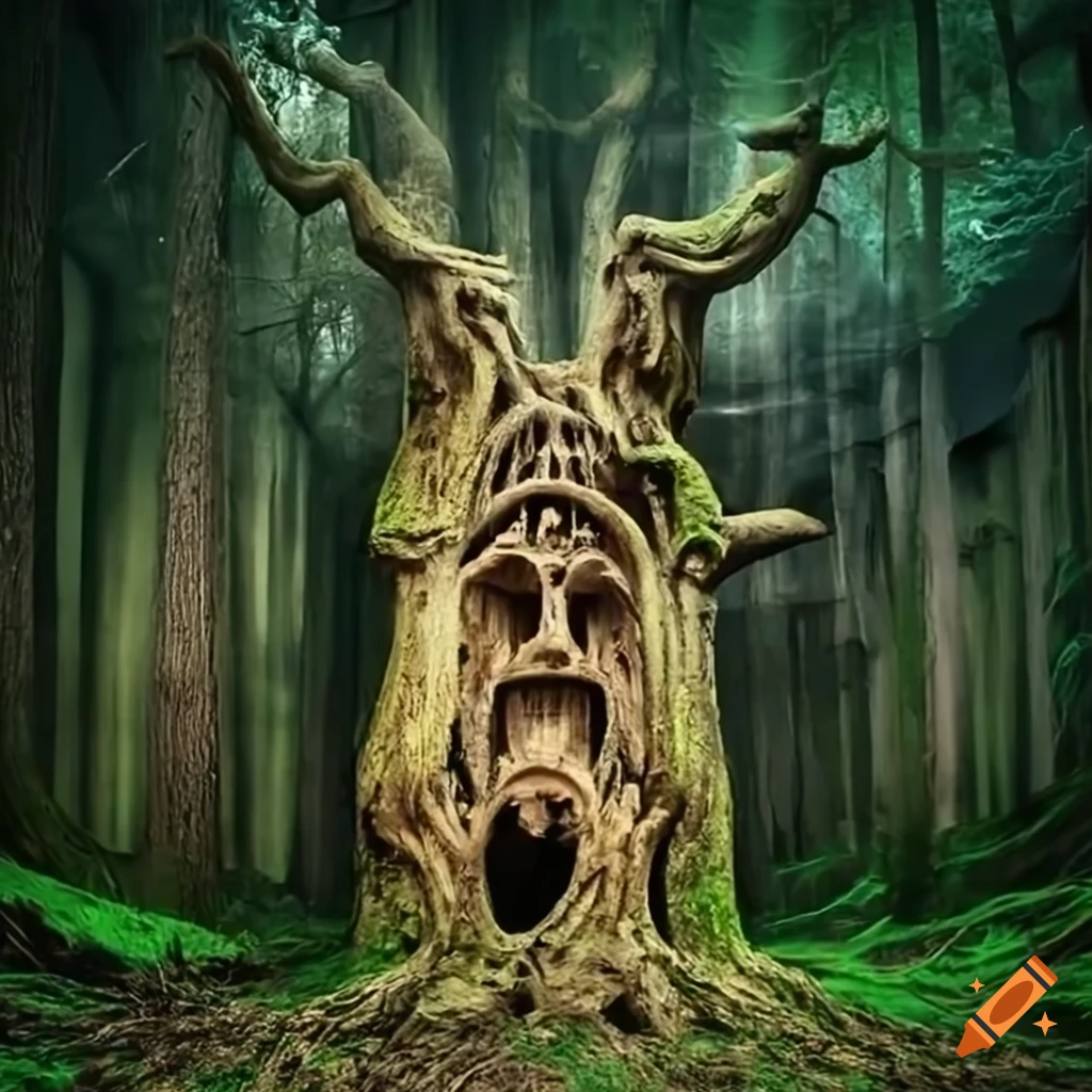 Enchanted forest with ancient wizards' gnarled tree carvings