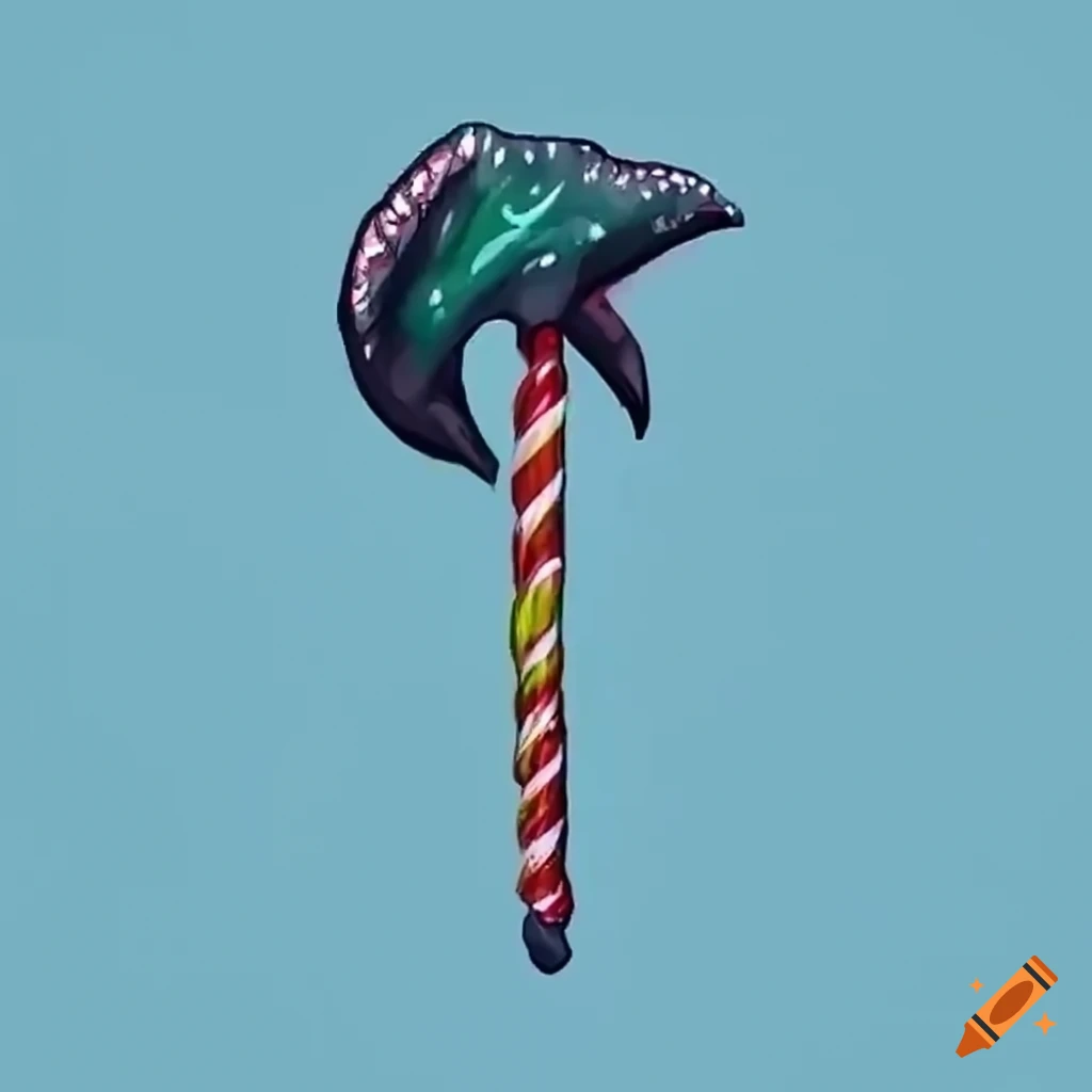 Greataxe made of gummy candy with a candy cane handle in anime art style